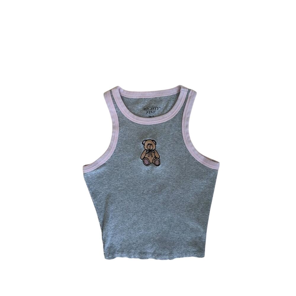 100% Mighty Fine Womens Gray Teddy Bear Embroidered Tank Top Y2K Cute Graphic